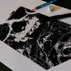 May include: A black and white abstract print with geometric shapes and a textured background. The print is on a white sheet of paper.