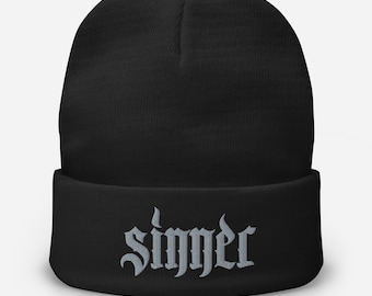 Embroidered Sinner Beanie: Goth Winter Hat