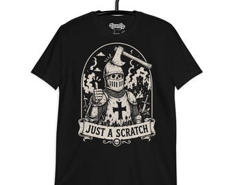 JUST A SCRATCH | Medieval Skeleton Knight T-Shirt | Dark Gothic Warrior Tee | Burning Battlefield Horror Art | Vintage Macabre Graphic Shirt