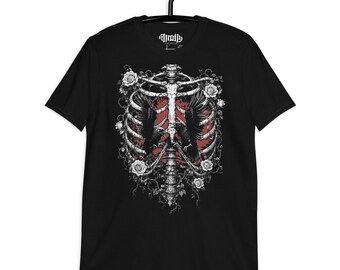Rib Cage Ravens T-Shirt | BONE GARDEN | Gothic Dark Art Tee | Black & White Occult Rose Shirt | Macabre Skeleton Bird Design