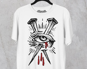 Creepy Nailed Eye T-Shirt - Alternative Fashion - Graffiti Art - Dark Occult Goth Outfit - Skater Tee - Streetwear Outfit