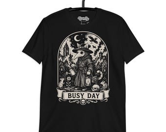 BUSY DAY | Medieval Doctor T-Shirt | Gothic Dark Humor Tee | Burning Battlefield Black Death Art Shirt | Vintage Macabre Cat & Skulls