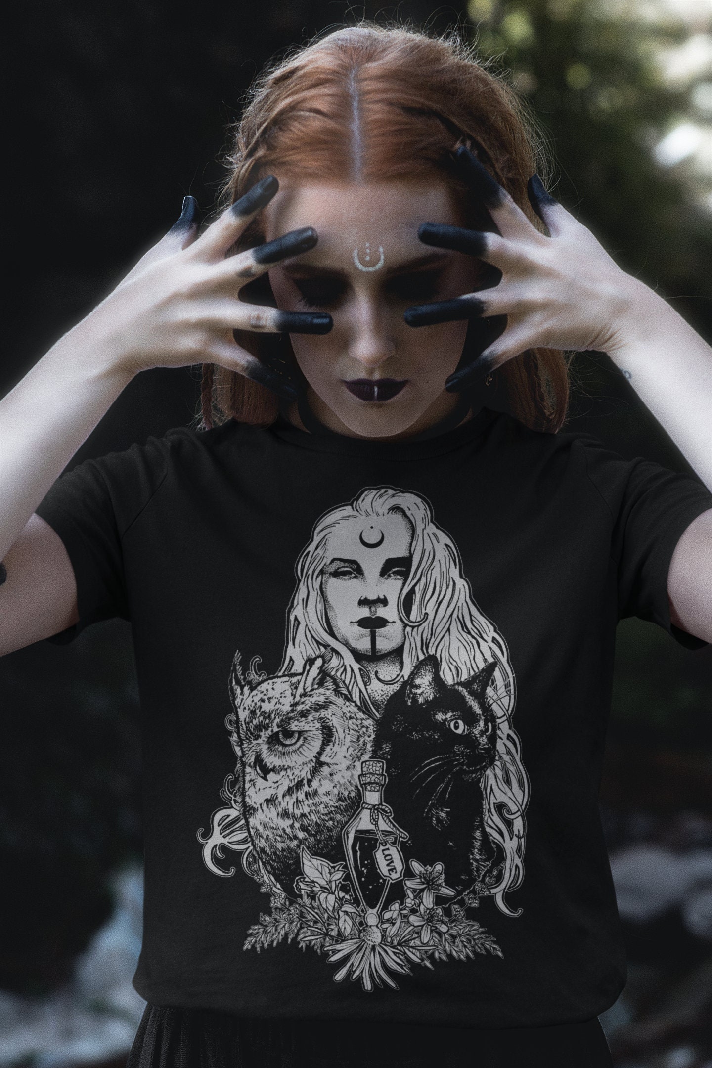 Witch T-Shirt: Owl, Cat & Witchy Design - Black Unisex Tee