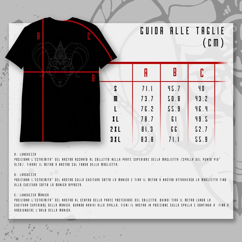 May include: A size chart for t-shirts with measurements in centimeters. The chart shows the length, width, and sleeve length for sizes S, M, L, XL, 2XL, and 3XL.