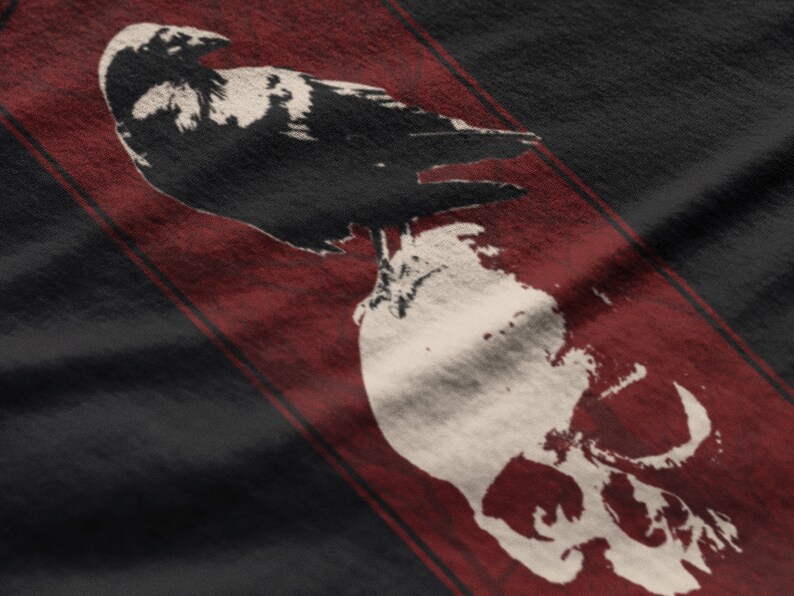 May include: A black and white crow perched on top of a white skull with a red background.