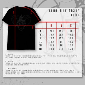 May include: A size chart for t-shirts with measurements in centimeters. The chart shows the length, width, and sleeve length for sizes S, M, L, XL, 2XL, and 3XL.