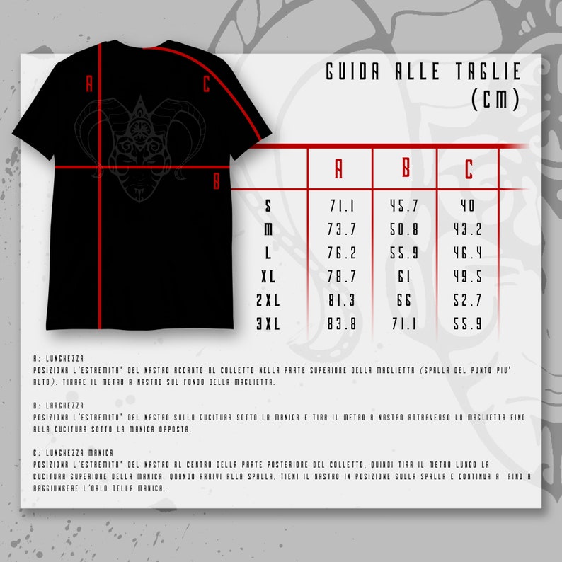 May include: A size chart for t-shirts with measurements in centimeters. The chart shows the length, width, and sleeve length for sizes S, M, L, XL, 2XL, and 3XL.