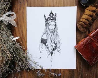 Brigid Art Print: Gothic Witch Graphite Drawing, Pagan Home Decor