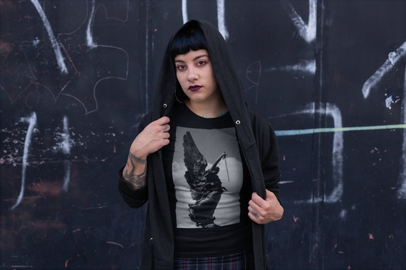 Angel T-Shirt / Unisex Black T-Shirt / Engraved Style Print / Eco-Friendly Colors / Hatch Tattoo / Victory