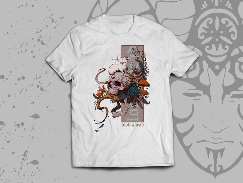 White Skull and Mouse T-Shirt Gothic Art on T-Shirt Black Gildan with Skull Butcher/'s Branch Mushrooms