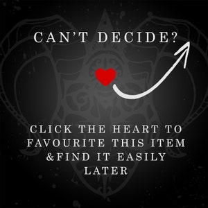 May include: A black and white graphic with a red heart in the center. The text "CAN'T DECIDE?" is at the top of the image. The text "CLICK THE HEART TO FAVOURITE THIS ITEM & FIND IT EASILY LATER" is at the bottom of the image. An arrow points to the heart.