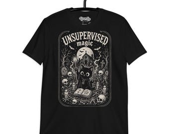 UNSUPERVISED MAGIC | Gothic Witch Cat T-Shirt | Dark Occult Vintage Style | Halloween Spooky Aesthetic Shirt | Black Cat Magic Tee