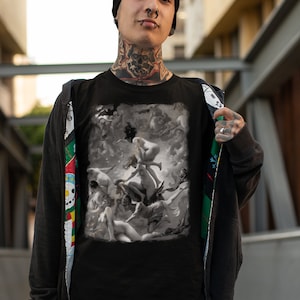Streghe che vanno al loro Sabba/Maglia celeste/Maglia della strega/Streghe e scope/Abbigliamento satanico/Estetica della maglietta da donna/Magia pratica/