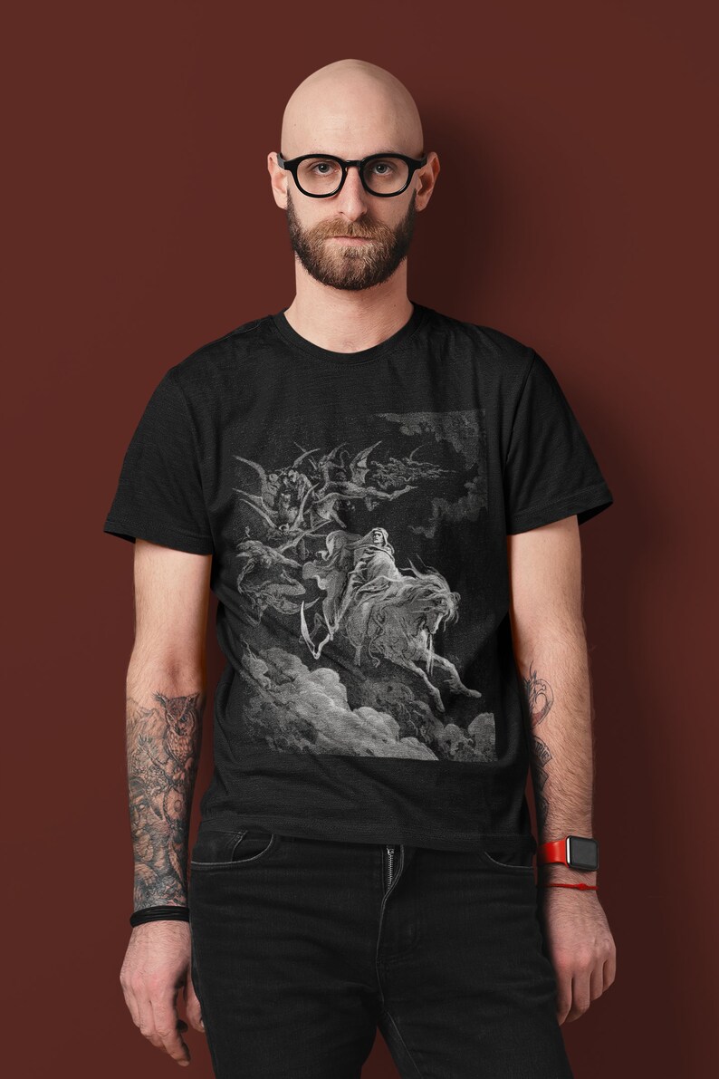 Illustration DEATH/ Gustave Dorè/ Behold A Pale Horse/ Grey Edition Print/ Black T-shirt/Unisex t-shirt/Halloween tee/ Alternative dark/ image 3