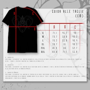May include: A size chart for t-shirts with measurements in centimeters. The chart shows the length, width, and sleeve length for sizes S, M, L, XL, 2XL, and 3XL.