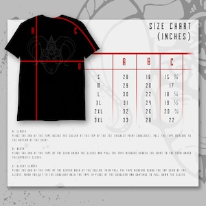 May include: Size chart for a t-shirt with measurements in inches. The chart shows the length, width, and sleeve length for sizes S, M, L, XL, 2XL, and 3XL.