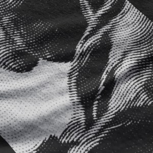 May include: Black and white abstract graphic print on a black fabric. The print is made up of lines and dots.