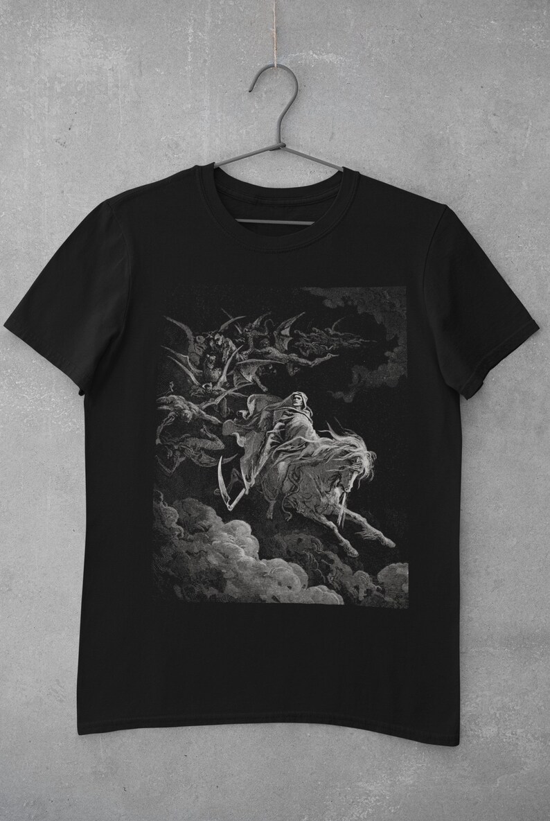 Illustration DEATH/ Gustave Dorè/ Behold A Pale Horse/ Grey Edition Print/ Black T-shirt/Unisex t-shirt/Halloween tee/ Alternative dark/ image 4