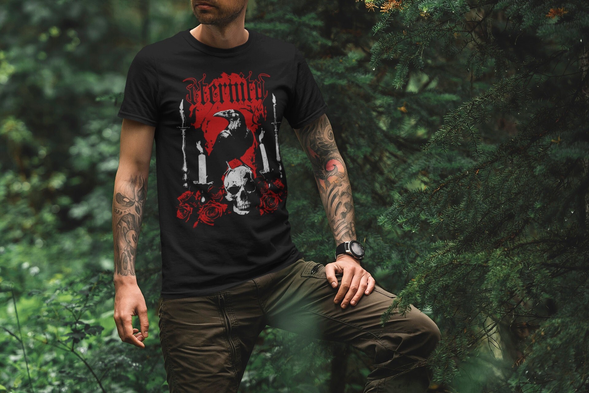Skull Crow and Roses T shirt - Crow Raven t shirt - Skull tee - Goth Clothing - Viking Pagan Occult Clothing