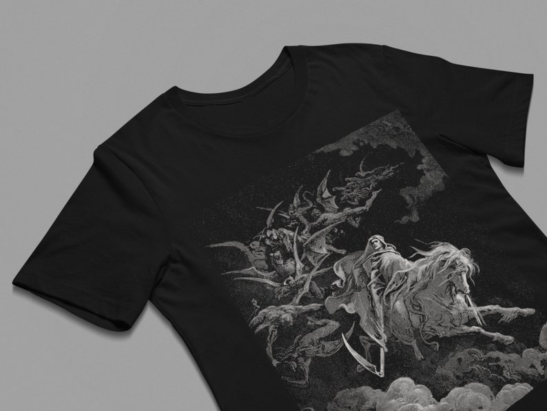 Illustration DEATH/ Gustave Dorè/ Behold A Pale Horse/ Grey Edition Print/ Black T-shirt/Unisex t-shirt/Halloween tee/ Alternative dark/ image 5