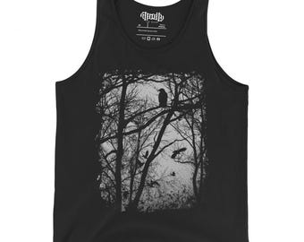 Rabenwald Tank Top | Gothic Natur Grafik Tank | Krähe Shirt | Hexenkern Kleidung | Dark Academia Bekleidung | Unisex Top