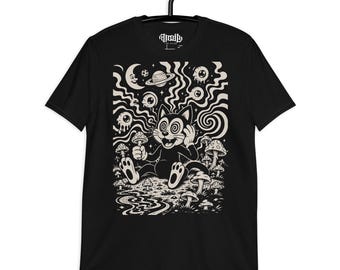 MUSHROOM TRIP CAT | 1930s Rubber Hose T-Shirt | Gothic Black Humor Tee | Psychedelic Vintage Cartoon Cat Shirt | Dark Surreal Art