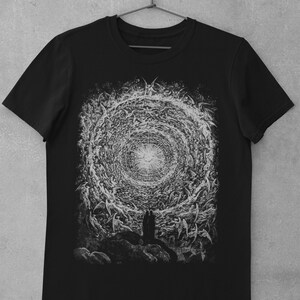 May include: Black t-shirt with a white graphic print of a swirling vortex of angels with two figures standing in front of it.