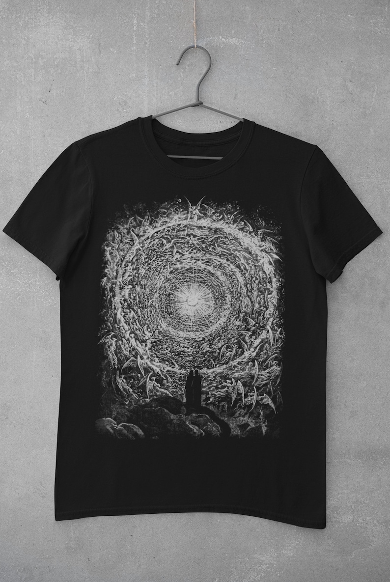 May include: Black t-shirt with a white graphic print of a swirling vortex of angels with two figures standing in front of it.