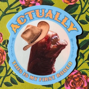 Può includere: Un adesivo blu e arancione con un mostro dei cartoni animati che indossa un cappello da cowboy marrone. L'adesivo dice "Actually this is my first rodeo".