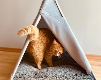 Cat house cat bed with bear pillow and cotton pillow, cat bed furniture, dog bed furniture, cat teepee, cat tipi, cat tent, pet teepee