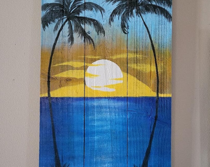 Golden sunset painting on wood Free shipping Paintings on wood,Beach decor, Coastal Wall Decor, Beach painting on wood, Beach Life