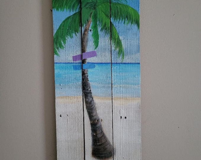 Coconut Palm tree beach painting on wood with signs, Free shipping plus personalize