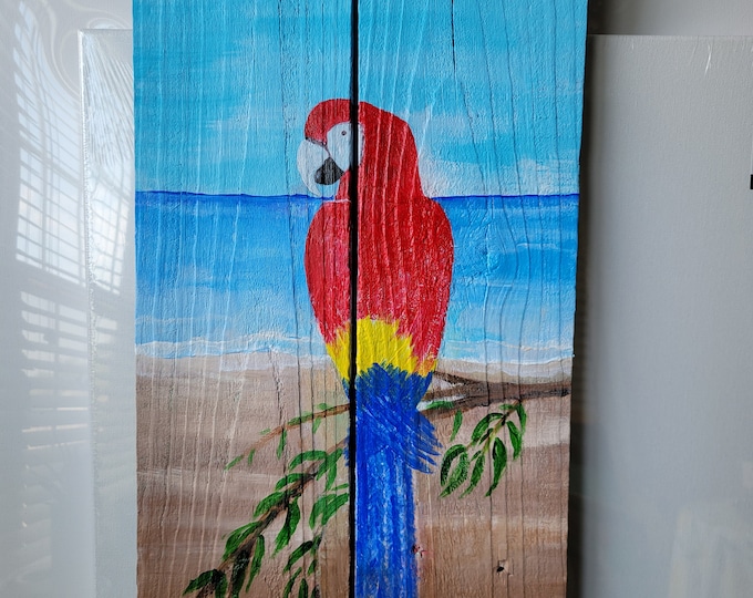 Parrot on the beach, paintings on wood, Free shipping Tropical Decor, Tropical Wall Hanging, Beach Decor on pallet wood, Key West decor