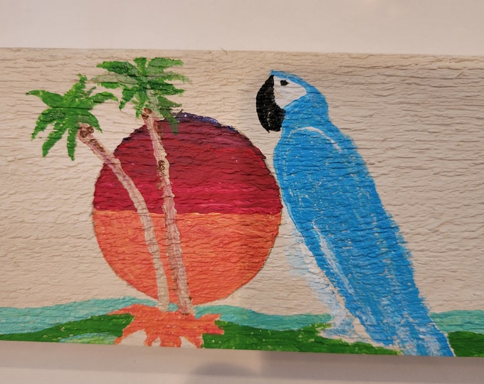 Tropical blue Parrot on cedar pallet wood