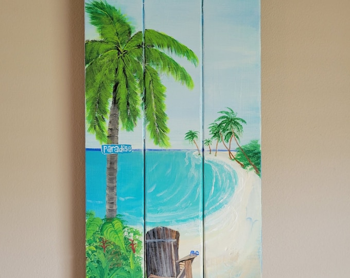 Palm Tree beach chair painting on wood, Free shipping Tropical Decor, Palm Tree Painting, Tropical Wall Hanging , Margaritaville
