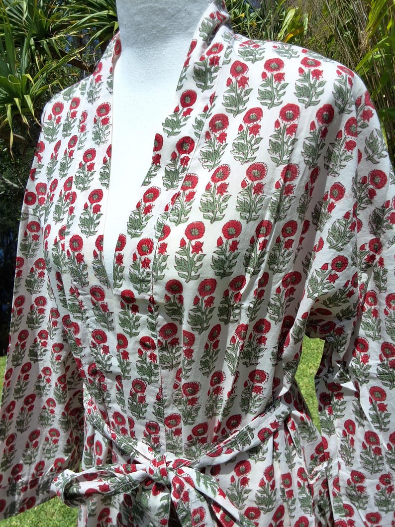 Cotton Block Printed Kimono. Block Printed Floral Design. for Lounging