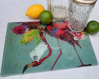 Glass chopping board/Worktop protector - Floral Flamingo - Cocktail/barware - Gift