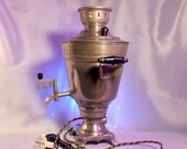 Vintage electric samovar. Soviet tea ceremony. Metal soviet electric kettle. Water kettle. Made in USSR.