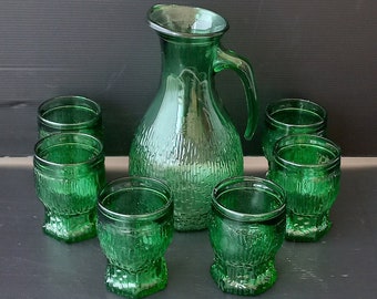 Rare Set jug with 6 glasses Green glass Special shape Hexagonal bottom Heavy glass Tableware Table decoration Glassware sets