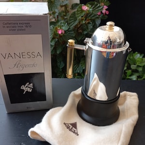 Vintage Espresso coffee maker in stainless steel Puppieni brand Vanessa line Silver plated Brand new with original box Collectible Gift idea