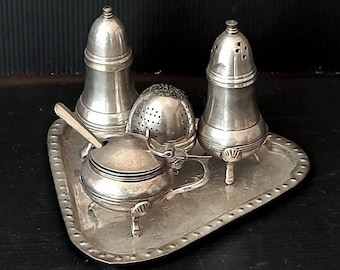 Vintage ENPS Italia 1940 Servizio al tavolo Completo Dolce-Salato e Tea Saltiera Pepiera Zuccheriera Contenitore per tè Vassoio in metallo Placcatura argento
