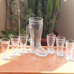 Extremely rare Set of 7 pieces Decanter and 6 glasses Heavy glass  Boot shape Liqueur glasses Vintage Italy 1960s Kitchen crockery