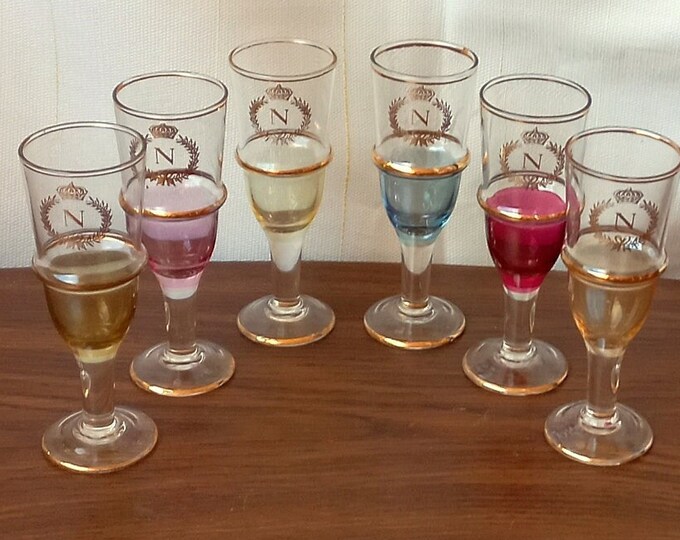 Very Rare 50s Set of 6 Monogrammed Glasses Multicolour Napoleon Brandy