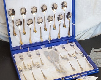 Gottinghen 18/10 steel 24k gold decorations 26 pieces Cutlery set for 12 Cake cutting service Spoons Forks Knife Cake server Made in Italy