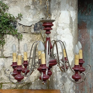 Rare Large Antique Brass White and Burgundy Wood Chandelier 8 Light 8 Arm Pendant Lamp Hollywood Regency Large Tole Vintage Living Room