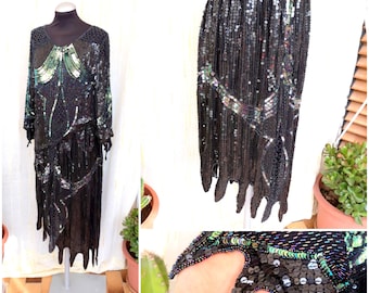 Vintage 70s Style Sequin Evening Dress Women 2 Piece Suit Skirt Blouse Pure Silk Beads and Rhinestones Burlesque Theater Clothing  France