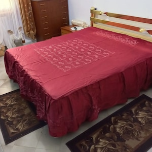 Vintage With small flaw Double Bedspread Burgundy color Embroidered with Flowers Bedspread with Ruffles Bedspread From Grandma&#39;s Trunk