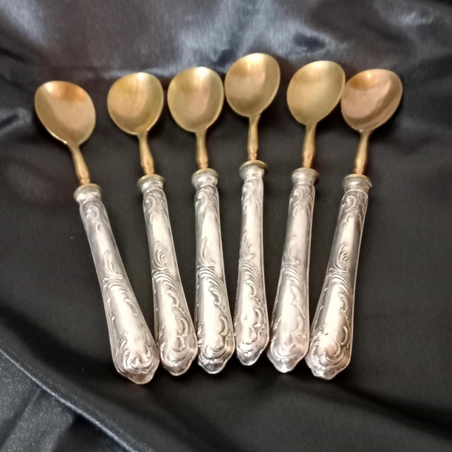 Cutlery Set 1950s 800 Silver Set of 6 Brass Teaspoons With 800