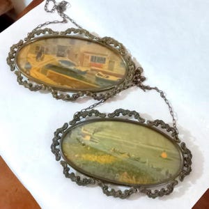Vintage Italië Set van 2 vierkanten Vintage print Ovale mallen Goudmessing lijsten Gedecoreerde lijsten Woondecoratie Wanddecoratie Woondecoratie
