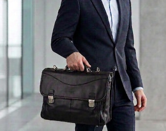 Vintage Zippo Aktentasche aus schwarzem Leder – Messenger-Laptoptasche mit mehreren Fächern – Business-Umhängetasche aus den 90er-Jahren, große Aktentasche